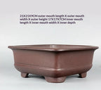 Angled brown square pot with exterior and interior measurement labels