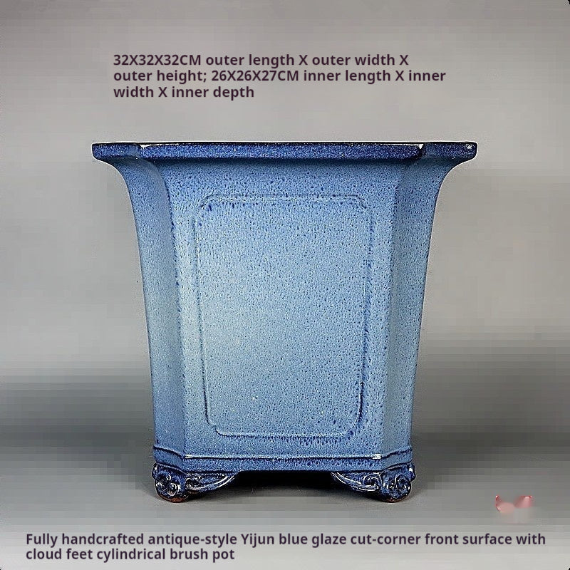 Measurement photograph showing 32 × 32 × 32 cm exterior and 26 × 26 × 27 cm interior of the tall blue pot