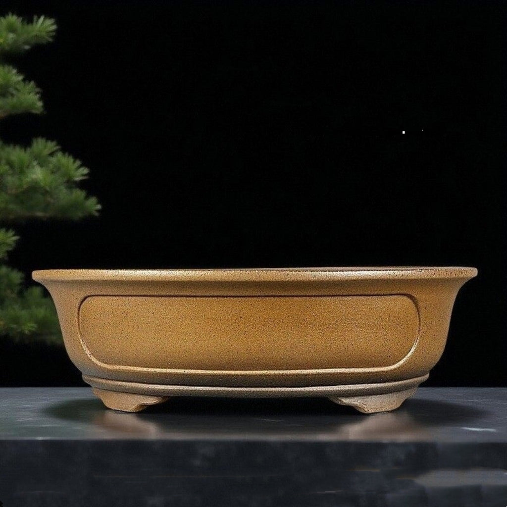 Ochre oval bonsai pot with recessed side panel and sculpted feet