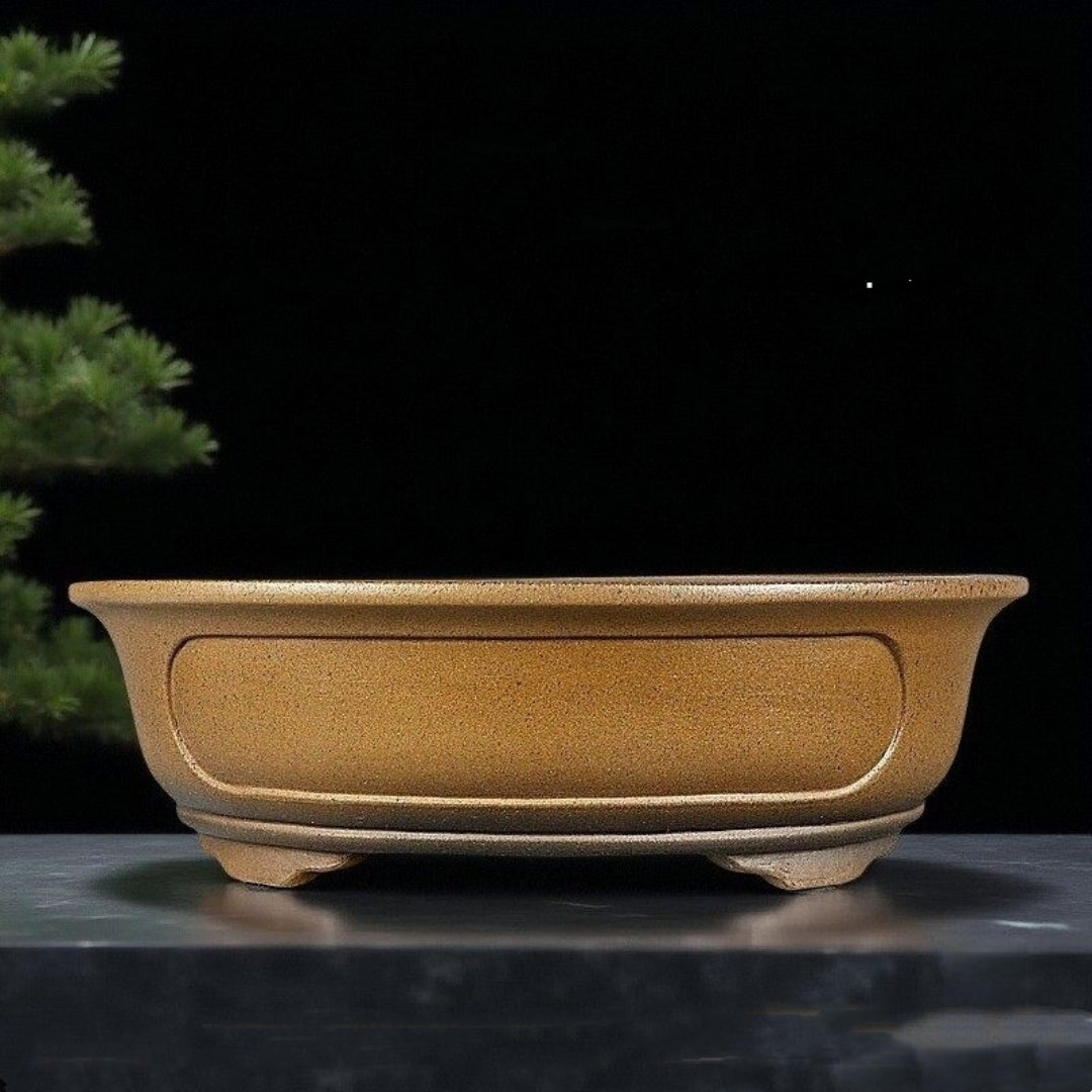 Ochre oval bonsai pot with recessed side panel and sculpted feet