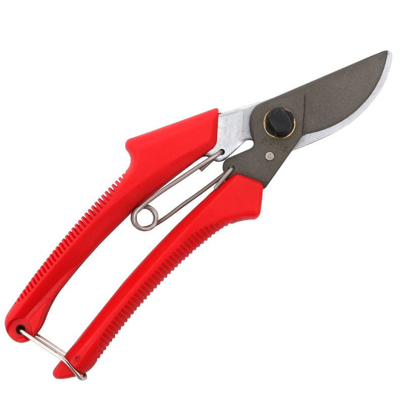Red-handled spring-loaded pruning shears with curved dark blade