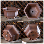 Four views of brown hexagonal pot showing interior, underside and feet