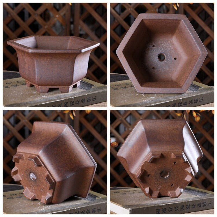 Four views of brown hexagonal pot showing interior, underside and feet