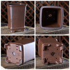 Four views of tall square pot showing interior opening, underside and feet