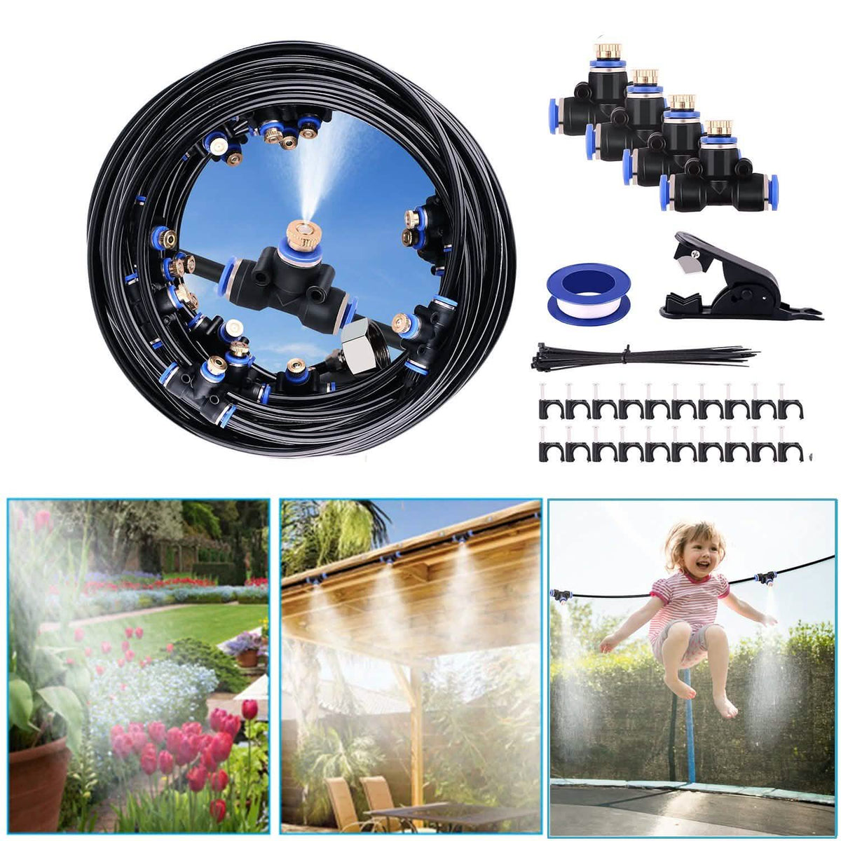 Misting kit collage showing coiled black tubing, nozzles, connectors, cutter and garden, patio and trampoline scenes