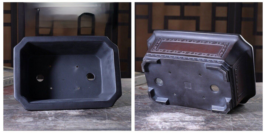 Collage showing the dark rectangular pot's interior, drainage openings and underside