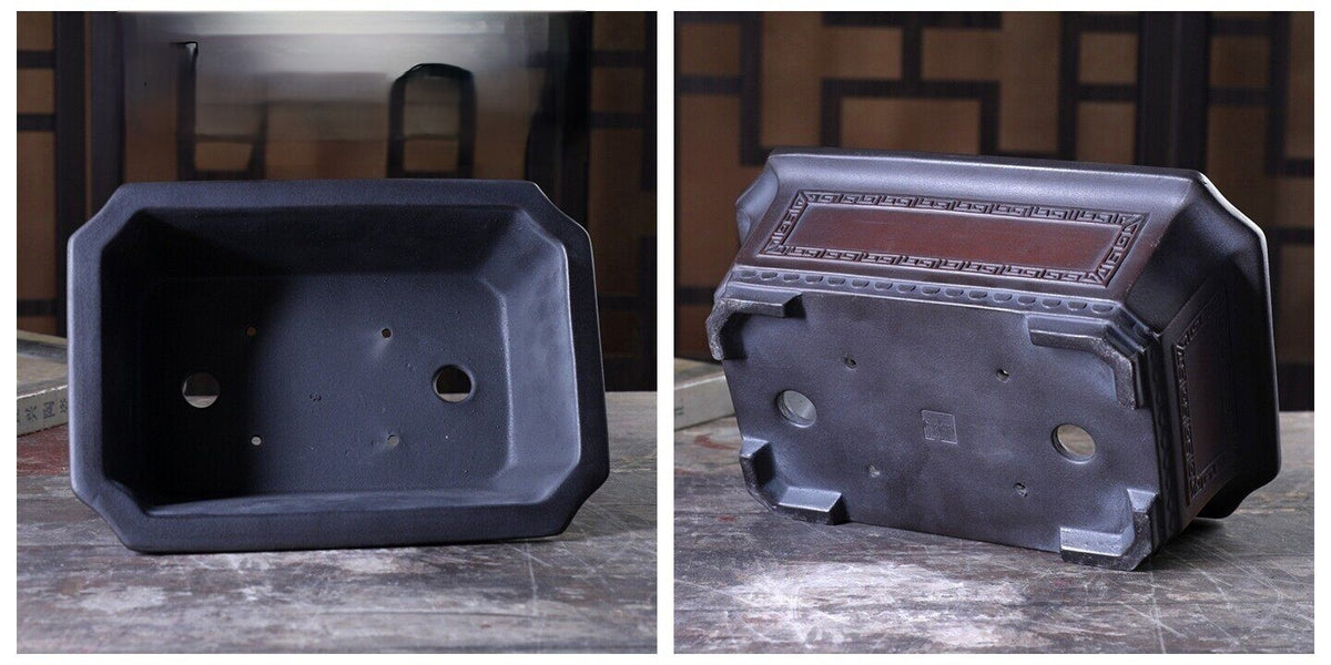 Collage showing the dark rectangular pot's interior, drainage openings and underside