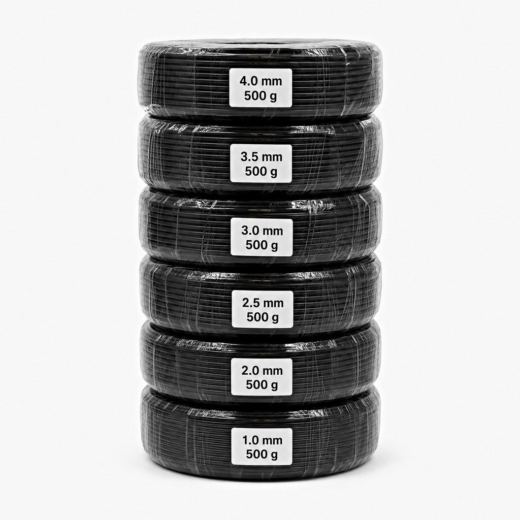Six wrapped black wire coils stacked with labels from 1.0 to 4.0 mm, each marked 500 g