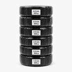 Six wrapped black wire coils stacked with labels from 1.0 to 4.0 mm, each marked 500 g