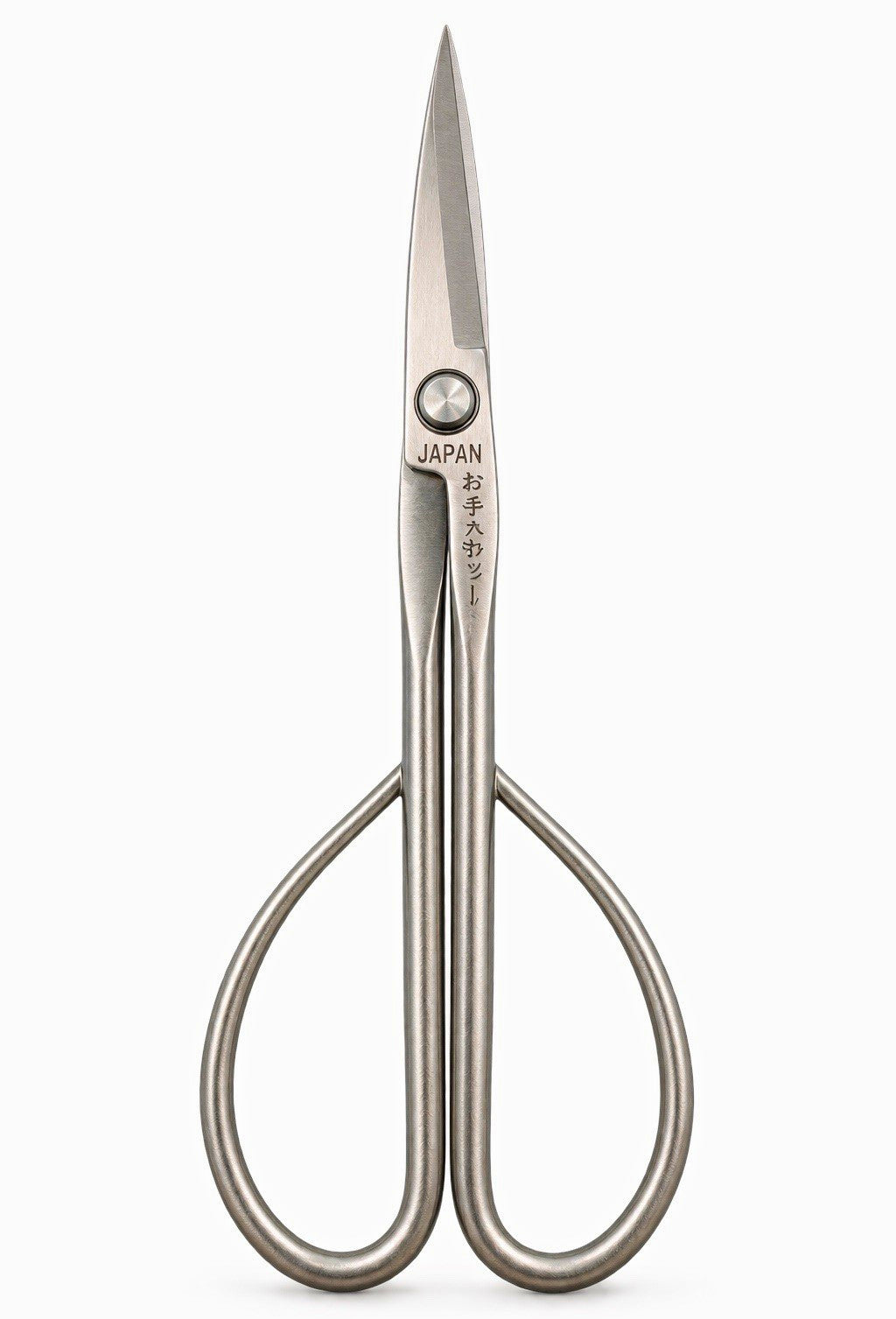 Silver bonsai pruning scissors with long narrow blades and large loop handles