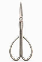 Silver bonsai pruning scissors with long narrow blades and large loop handles