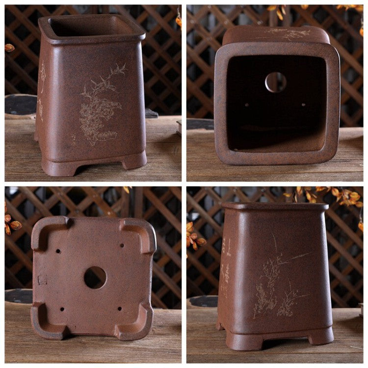 Four views of tall brown square pot showing decorated sides, interior and underside openings