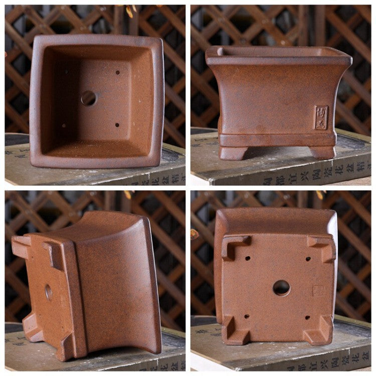 Four views of square brown pot showing interior, side seal, underside and feet