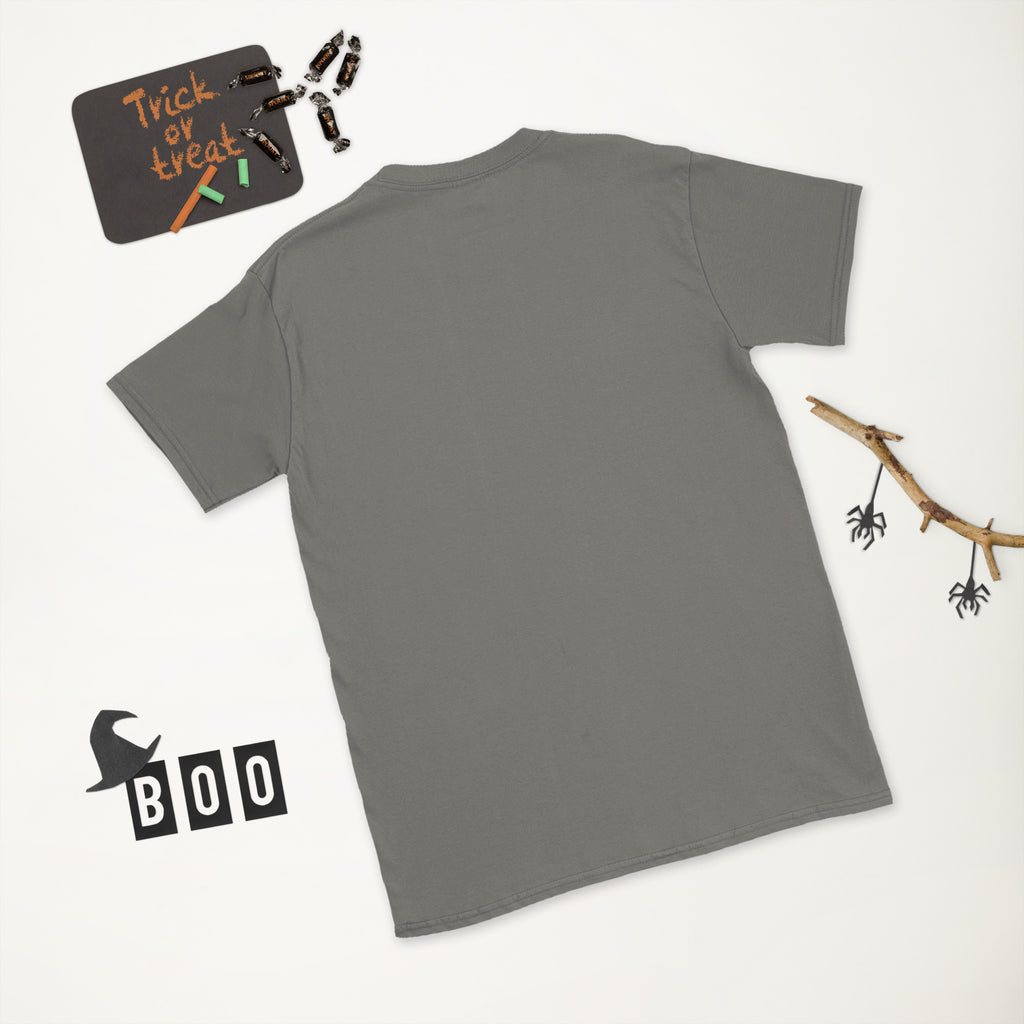 Plain back of charcoal gray Bonsai Life Co. T-shirt in a white Halloween flat lay