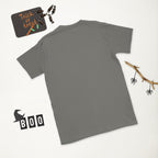 Plain back of charcoal gray Bonsai Life Co. T-shirt in a white Halloween flat lay