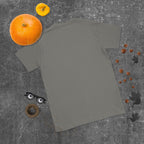 Plain back of charcoal gray Bonsai Life Co. T-shirt in a gray flat lay with pumpkins