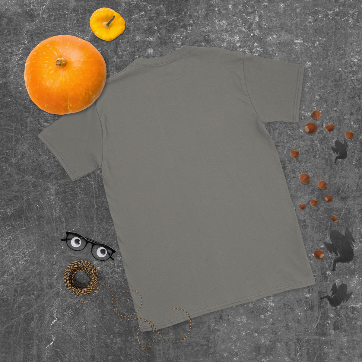 Plain back of charcoal gray Bonsai Life Co. T-shirt in a gray flat lay with pumpkins