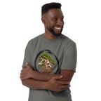 Model wearing charcoal gray T-shirt with green bonsai and pirate skull graphic inside a black circle with Bonsai Life Co. lettering, arms-crossed close view