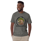 Model wearing charcoal gray T-shirt with green bonsai and pirate skull graphic inside a black circle with Bonsai Life Co. lettering, front view