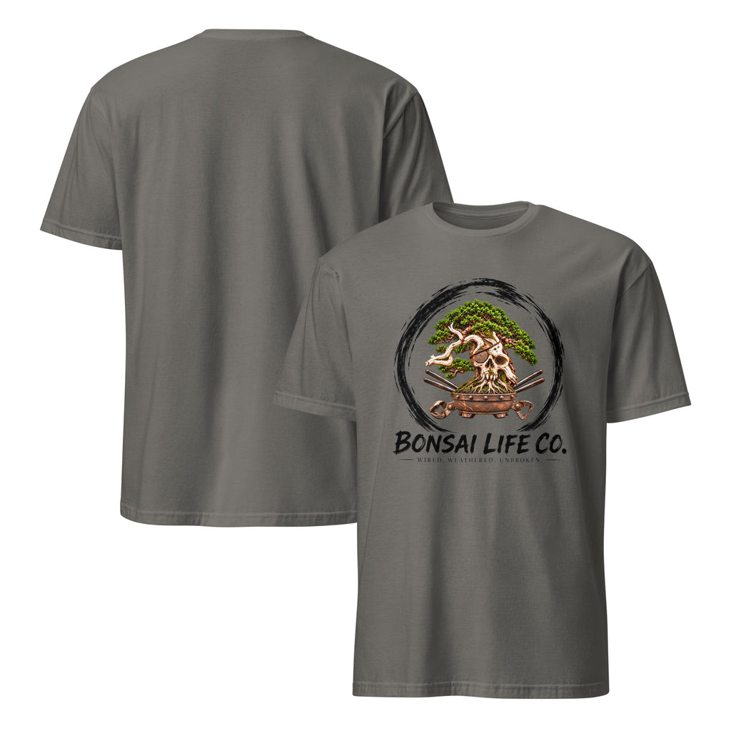 Front and back of charcoal gray T-shirt with green bonsai and pirate skull graphic inside a black circle with Bonsai Life Co. lettering on front and plain back