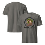 Front and back of charcoal gray T-shirt with green bonsai and pirate skull graphic inside a black circle with Bonsai Life Co. lettering on front and plain back