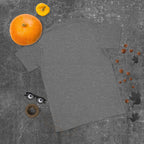 Plain back of heathered dark gray Bonsai Life Co. T-shirt in a gray flat lay with pumpkins