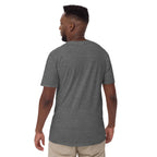 Model showing plain back of heathered dark gray Bonsai Life Co. T-shirt