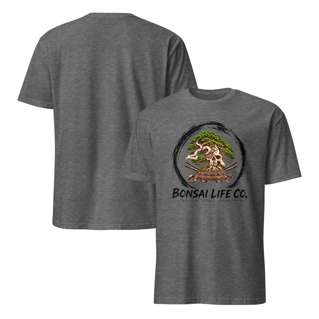 Front and back of heathered dark gray T-shirt with green bonsai and pirate skull graphic inside a black circle with Bonsai Life Co. lettering on front and plain back