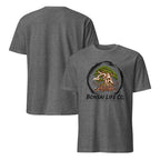 Front and back of heathered dark gray T-shirt with green bonsai and pirate skull graphic inside a black circle with Bonsai Life Co. lettering on front and plain back