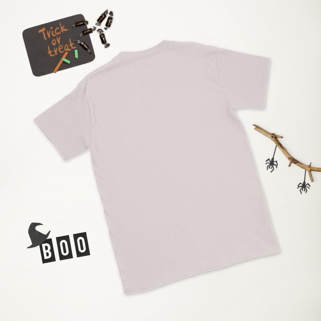 Plain back of pale gray Bonsai Life Co. T-shirt in a white Halloween flat lay