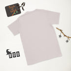 Plain back of pale gray Bonsai Life Co. T-shirt in a white Halloween flat lay