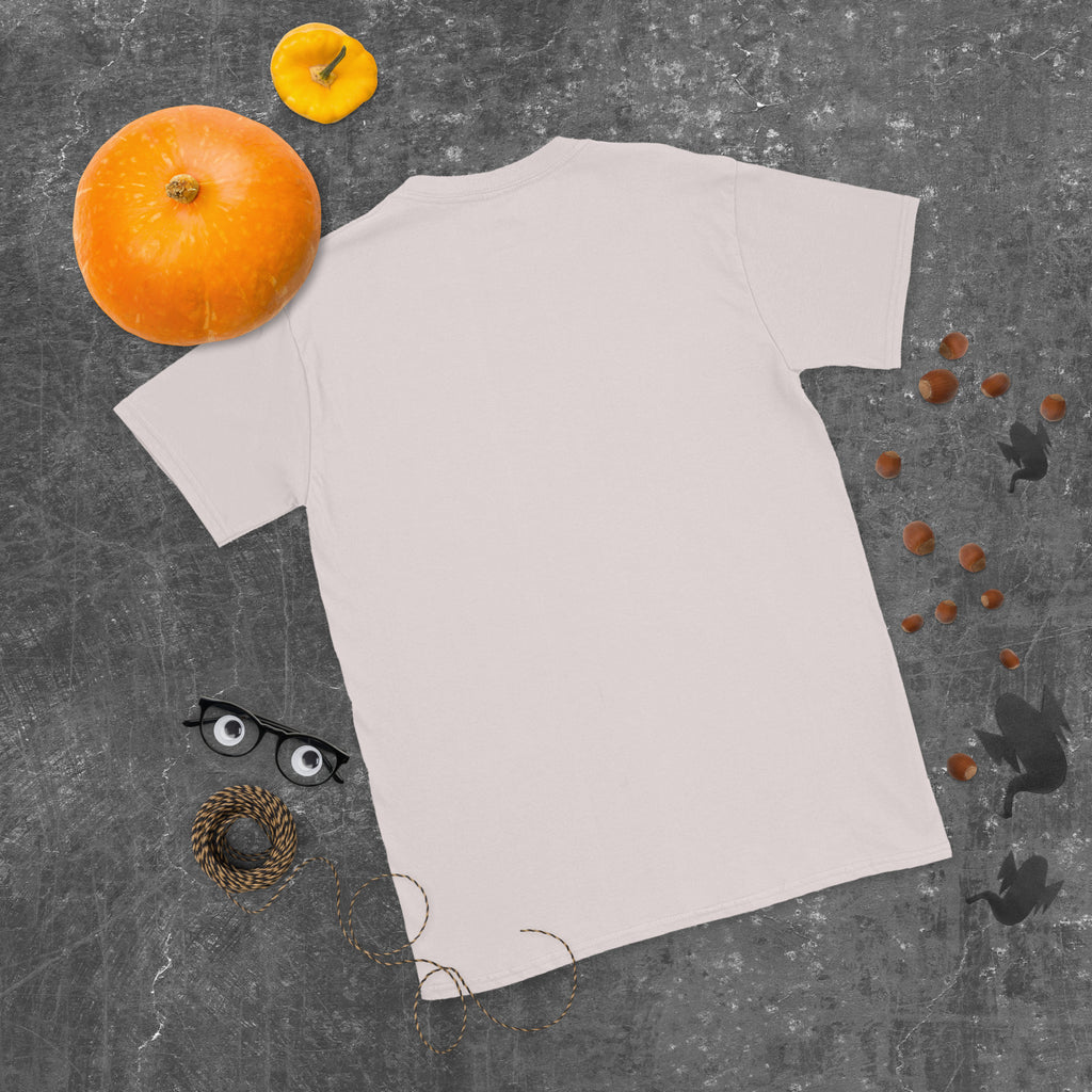 Plain back of pale gray Bonsai Life Co. T-shirt in a gray flat lay with pumpkins