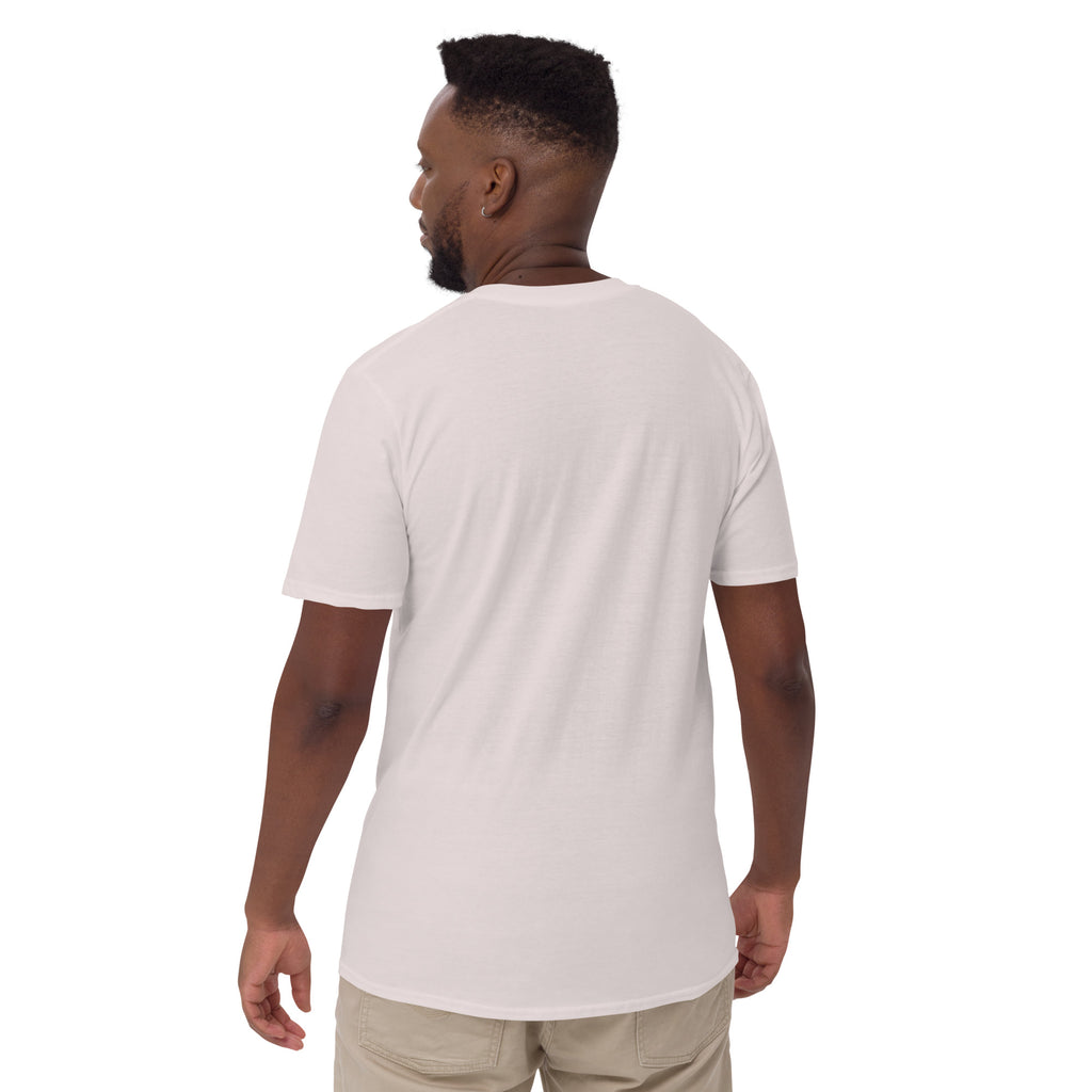Model showing plain back of pale gray Bonsai Life Co. T-shirt