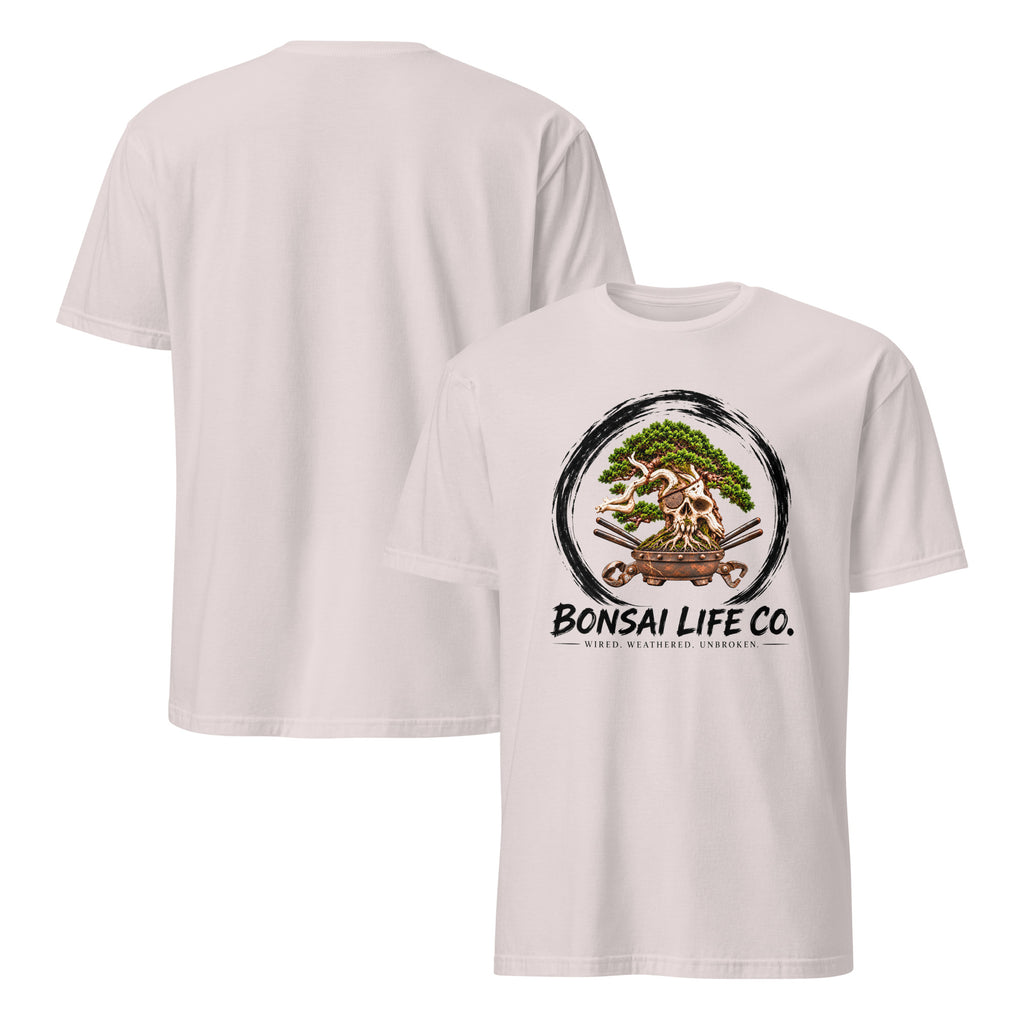 Front and back of pale gray T-shirt with green bonsai and pirate skull graphic inside a black circle with Bonsai Life Co. lettering on front and plain back