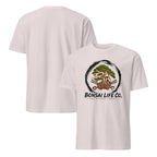 Front and back of pale gray T-shirt with green bonsai and pirate skull graphic inside a black circle with Bonsai Life Co. lettering on front and plain back