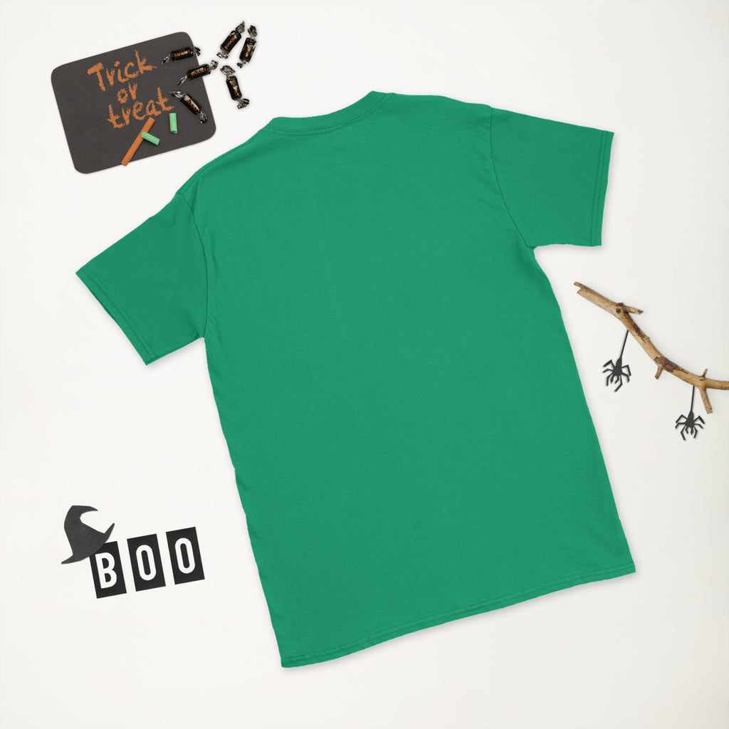 Plain back of bright green Bonsai Life Co. T-shirt in a white Halloween flat lay