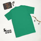 Plain back of bright green Bonsai Life Co. T-shirt in a white Halloween flat lay