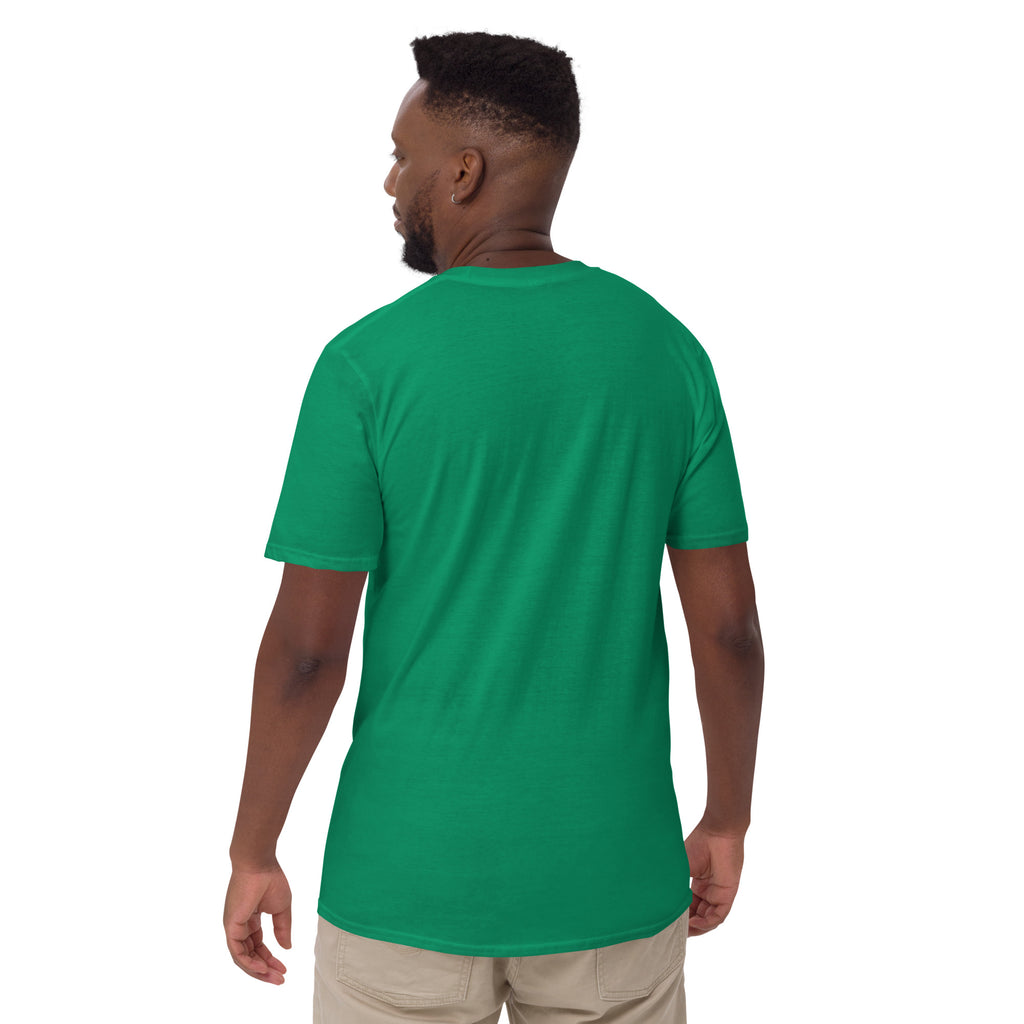 Model showing plain back of bright green Bonsai Life Co. T-shirt