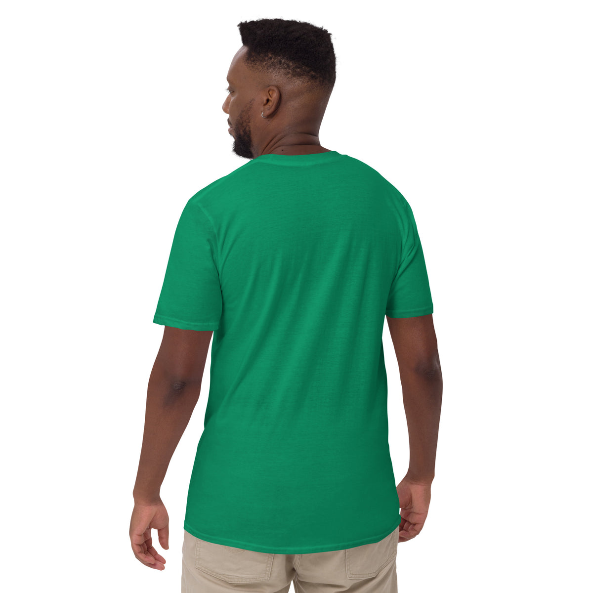 Model showing plain back of bright green Bonsai Life Co. T-shirt