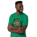 Model wearing bright green T-shirt with green bonsai and pirate skull graphic inside a black circle with Bonsai Life Co. lettering, arms-crossed close view