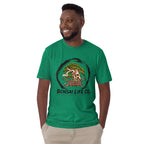 Model wearing bright green T-shirt with green bonsai and pirate skull graphic inside a black circle with Bonsai Life Co. lettering, front view