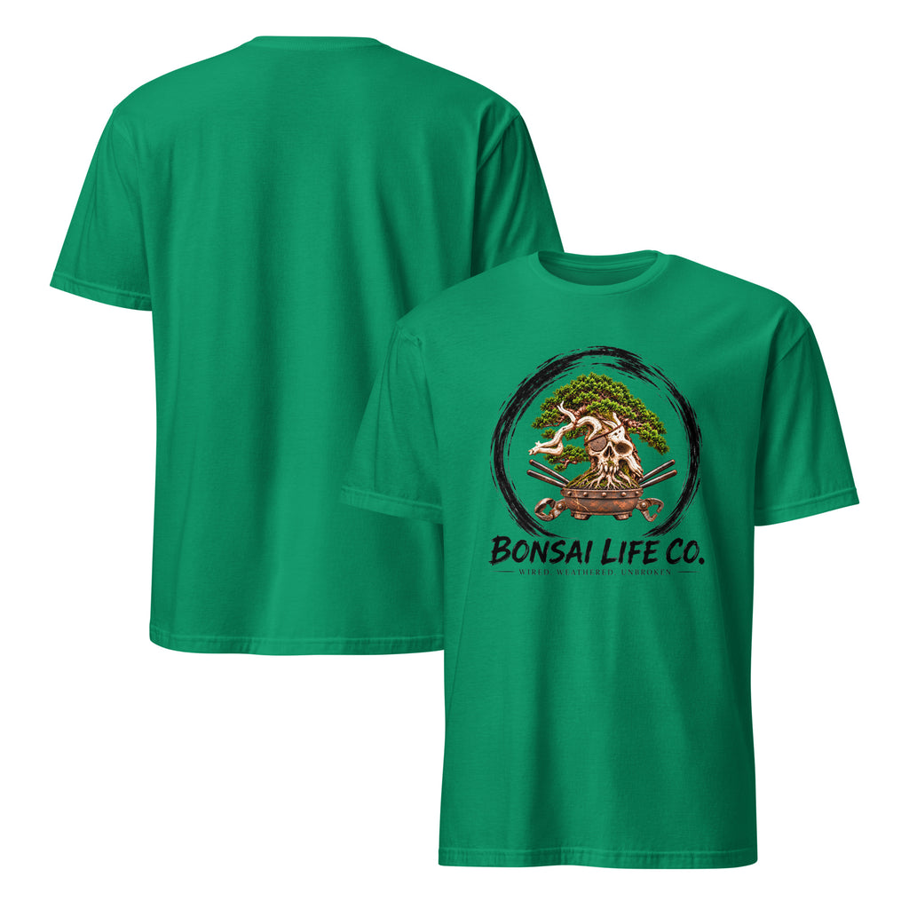 Front and back of bright green T-shirt with green bonsai and pirate skull graphic inside a black circle with Bonsai Life Co. lettering on front and plain back