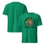 Front and back of bright green T-shirt with green bonsai and pirate skull graphic inside a black circle with Bonsai Life Co. lettering on front and plain back