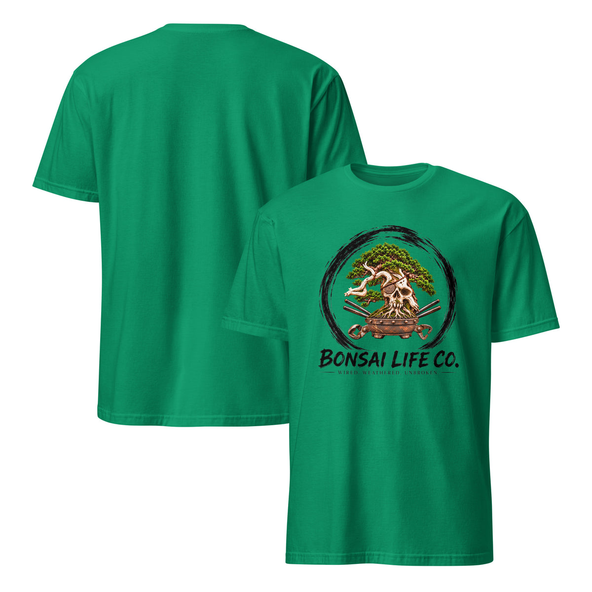 Front and back of bright green T-shirt with green bonsai and pirate skull graphic inside a black circle with Bonsai Life Co. lettering on front and plain back