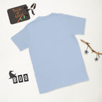 Plain back of light blue Bonsai Life Co. T-shirt in a white Halloween flat lay