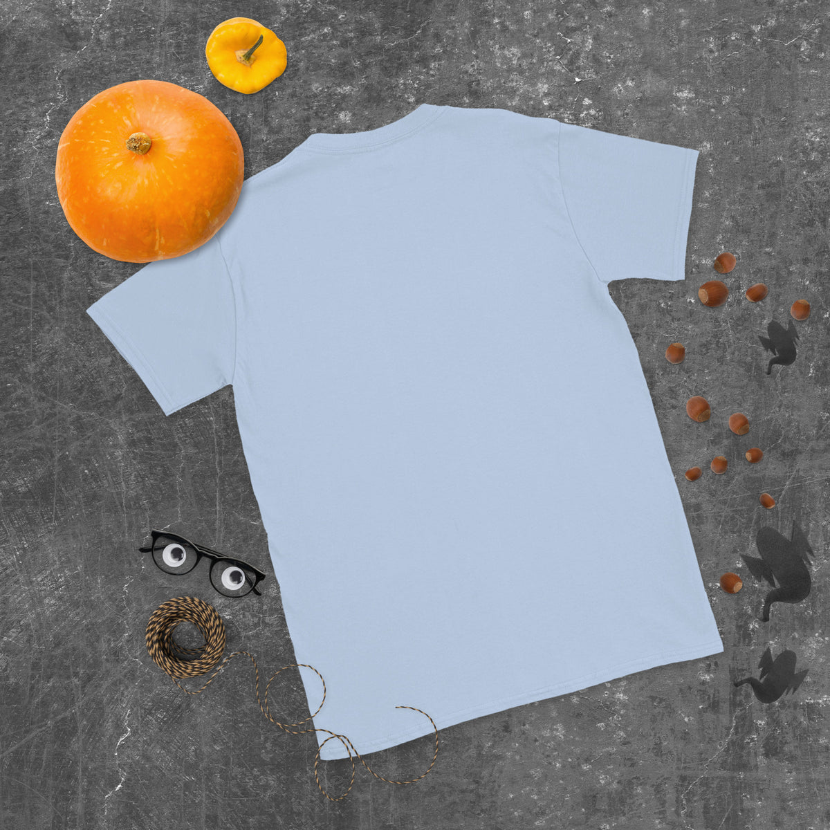 Plain back of light blue Bonsai Life Co. T-shirt in a gray flat lay with pumpkins