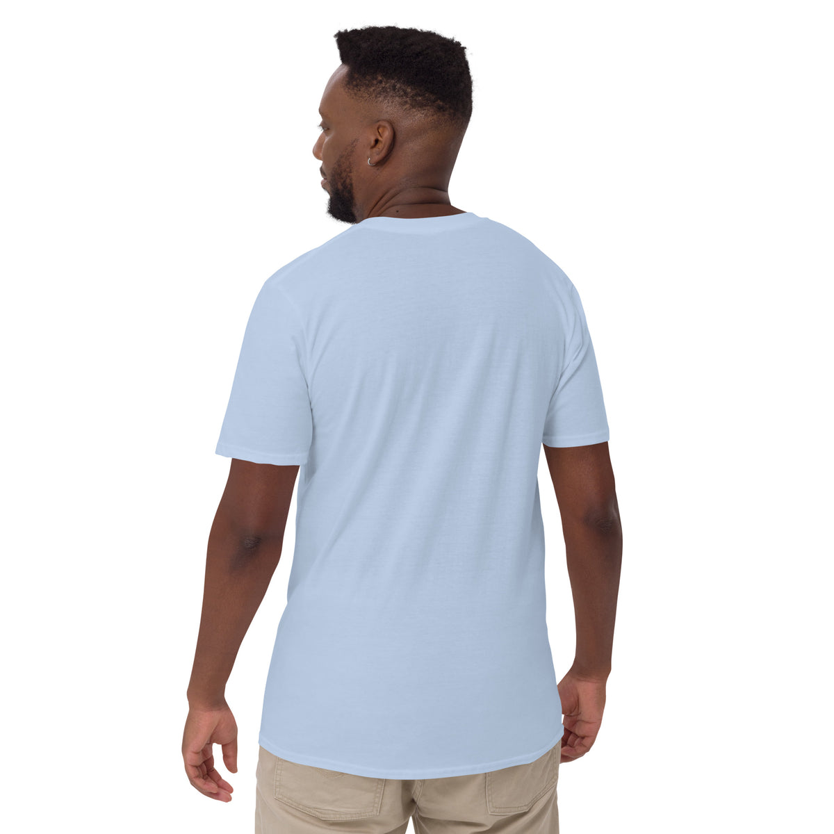 Model showing plain back of light blue Bonsai Life Co. T-shirt