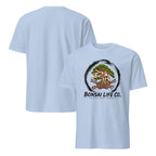 Front and back of light blue T-shirt with green bonsai and pirate skull graphic inside a black circle with Bonsai Life Co. lettering on front and plain back
