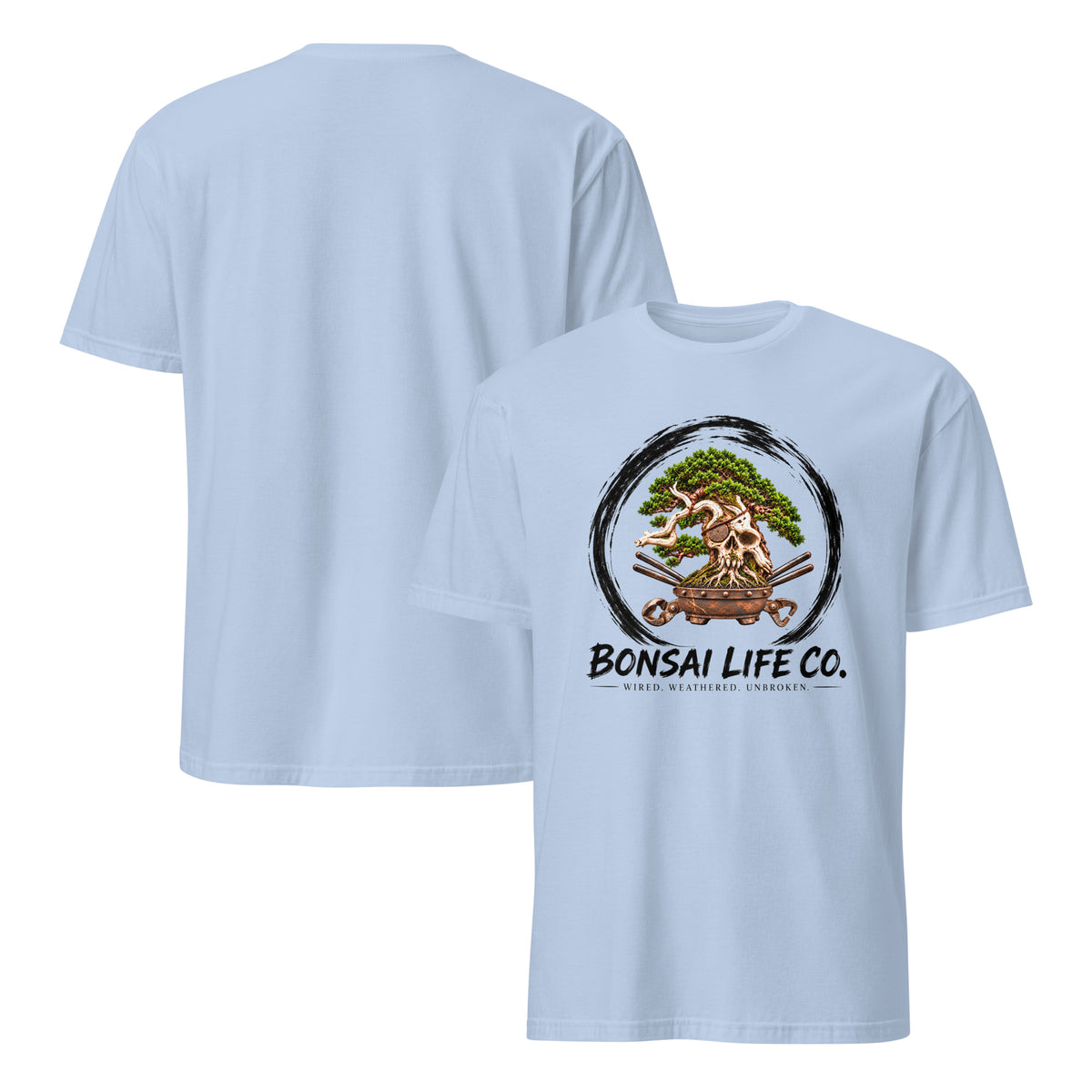 Front and back of light blue T-shirt with green bonsai and pirate skull graphic inside a black circle with Bonsai Life Co. lettering on front and plain back