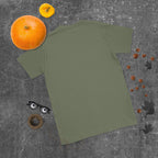 Plain back of muted olive green Bonsai Life Co. T-shirt in a gray flat lay with pumpkins
